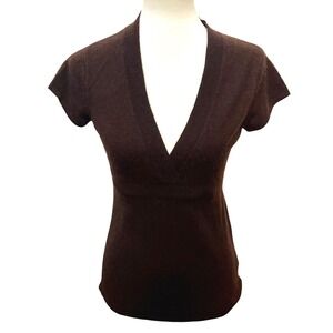 Y2K J.Crew Chocolate Brown Cashmere Short Sleeve V-Neck Empire Waist Sweater W M